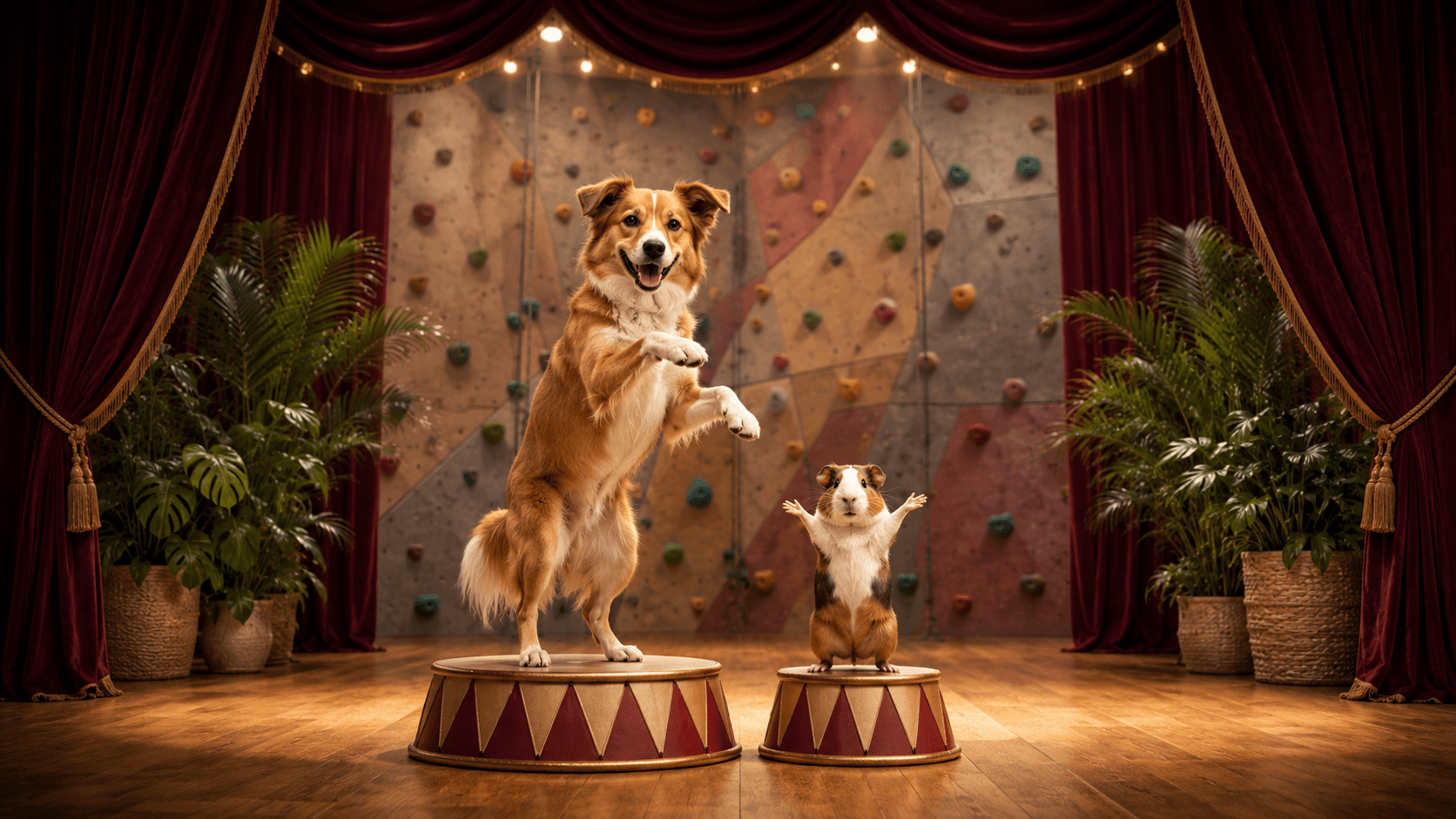 Un chien et un cochon d'Inde font leur numéro sur des piédestaux de cirque, devant un mur d'escalade et des rideaux bordeaux.